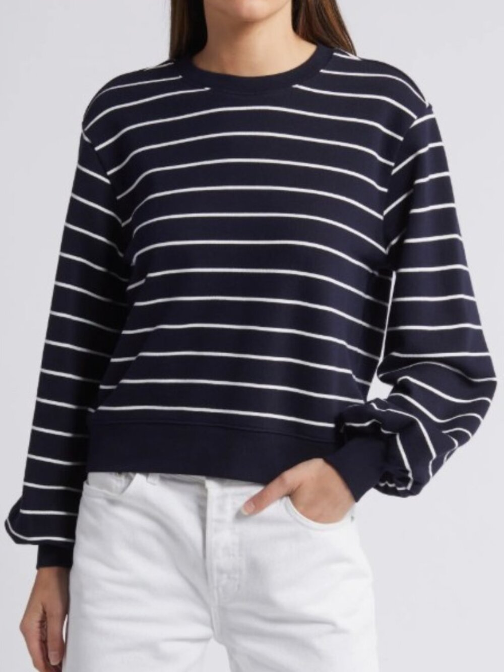 FRAME Stripe Blouson Sleeve Cotton Sweatshirt, Medium, NAVY MULTI